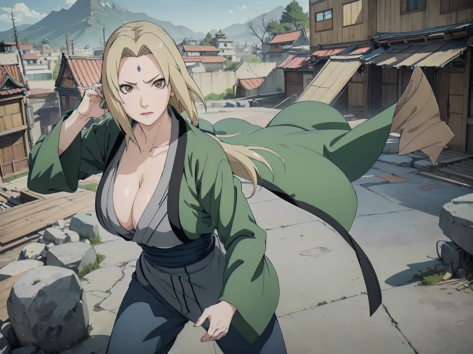 (masterpiece, Highest quality:1.2), alone, One Girl, Tsunade Defense, Forehead mark, View your audience、((Battle Scenes、Fighting Pose、Sweat、Rocky area、wood、sunny、Abandoned city、audience、Navy Blue Pants、Green haori、No sleeve、Torn clothes、Large areola、chest))、Beautiful girl with beautiful details, Professional photography lighting, Highly detailed eyes and face, Beautiful eyes in every detail、Beautiful detailed hair, Beautiful and exquisite cold face、anime、((No sleeve、Underarm))