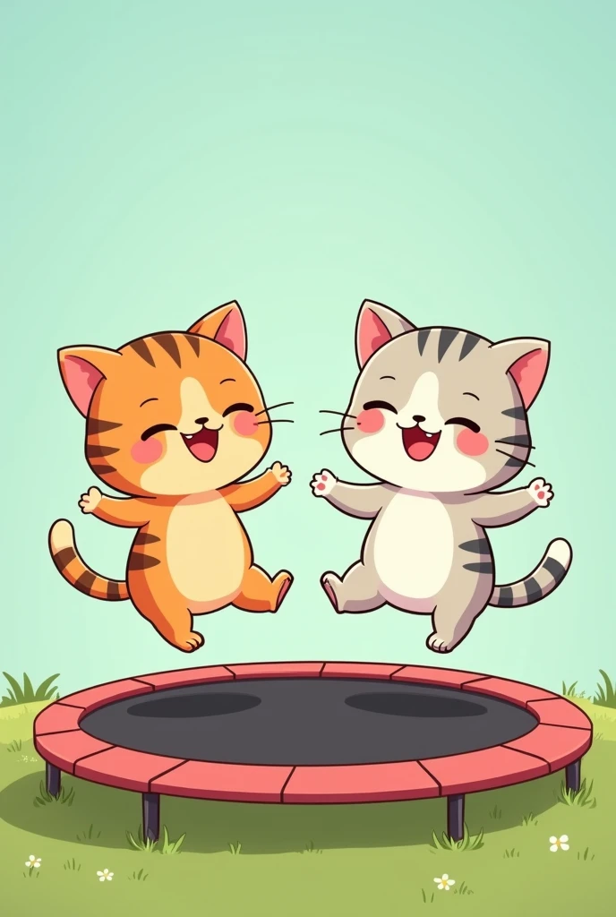 Anime-style image illustration: Two cute baby cats jumping on a trampoline