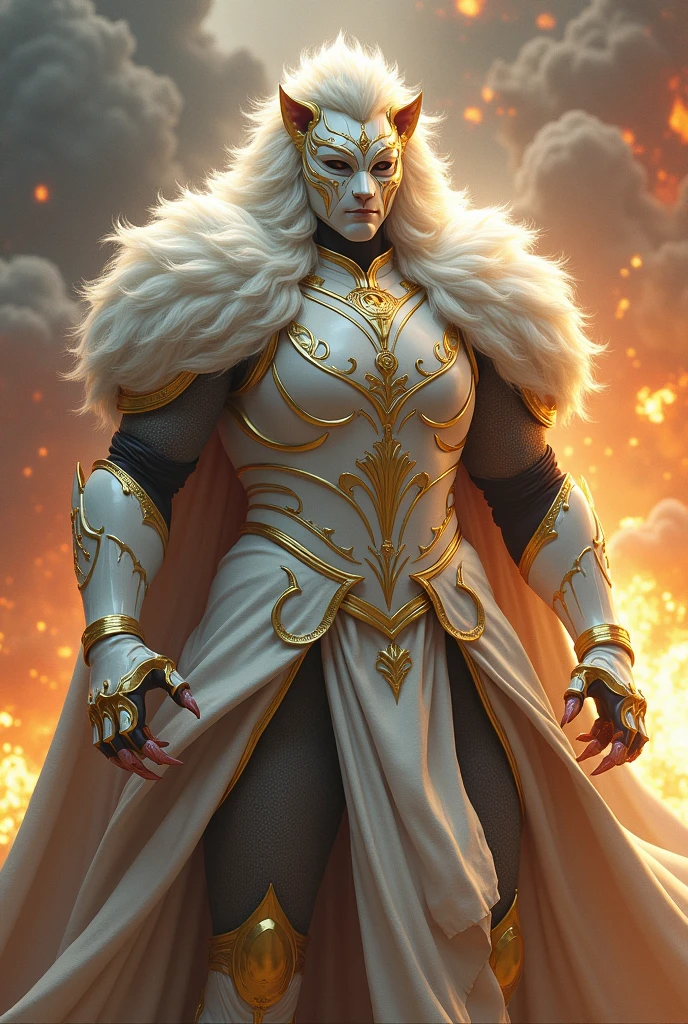 A hero of justice. A white masked rider with gold ornaments, long and sharp claws, and a lion-like mane. One hand thrust forward. Explosions in the background.