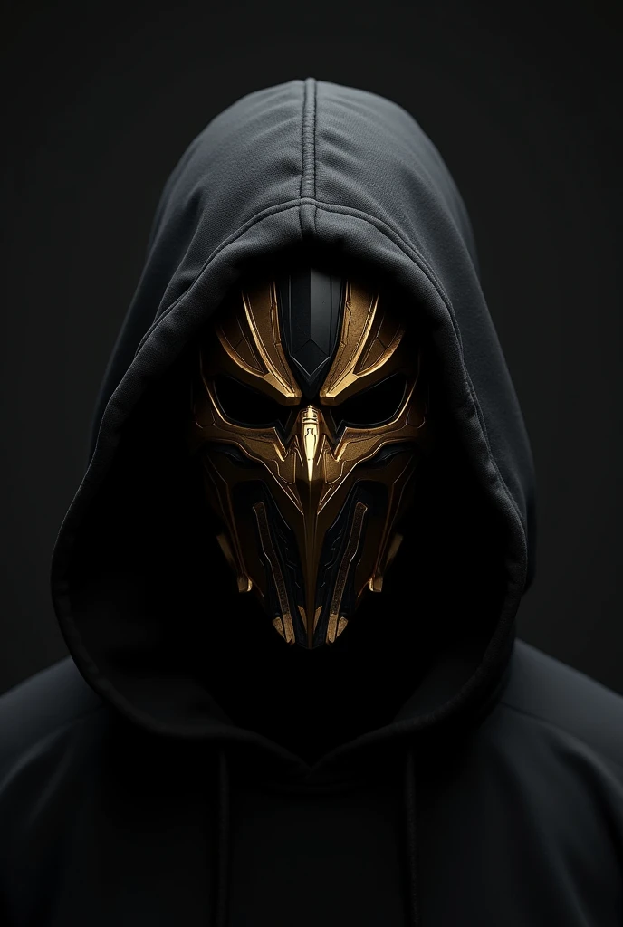 golden and black mask. the guy wear it wearing a black hoodie. 