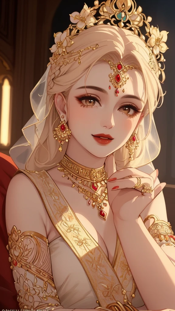 (1 woman, detailed alluring eyes, beautiful detailed lips, mature, single hair braid, white bridal saree, big long jhumka earrings, beautiful face, smiling, red lipstick, navel, bangles, saggy breasts, photorealistic, 8k, hyperdetailed, vibrant colors, studio lighting, masterpiece, cinematic composition, dramatic lighting, intricate details, highly realistic skin textures, volumetric lighting, beautiful intricate jewelry, warm color palette, natural lighting, elegant pose, beautiful detailed expression, hyper realistic rendering, seamless blending, flawless skin, glowing skin, delicate features, breathtaking realism, striking composition, tall, necklace, flower in her head, piercing, mehendi, jewellery ,hair brochure,waist jewellery,chain jewellery,