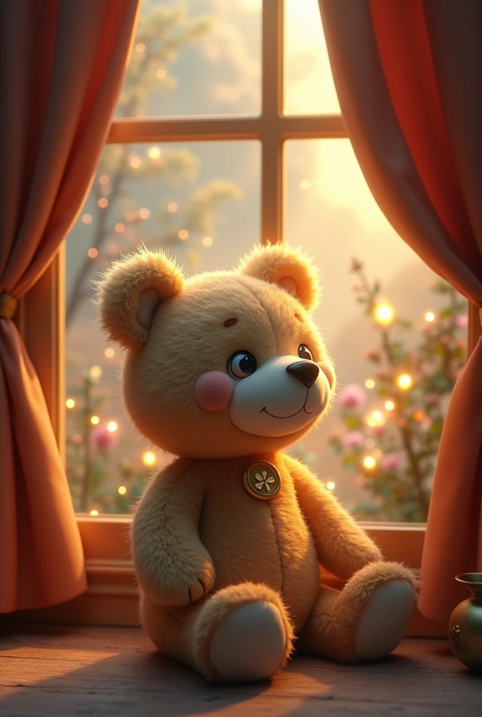 In the corner of the house, a medium-sized teddy bear had a gold button on its neck that had a leaf-shaped bump in the middle.、A fantastical landscape sparkling with light peeking through the window curtains
