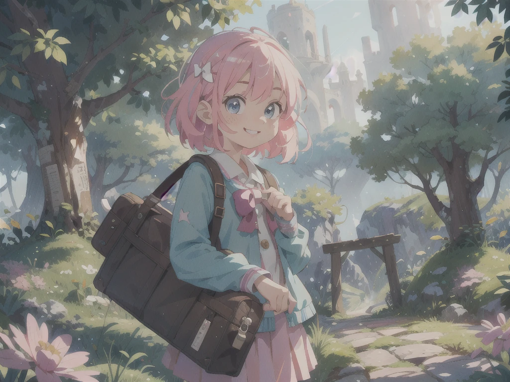 Stable Diffusion prompt: anime female girl traveler,illustration or 3D rendering,adventurous spirit,cute detailed eyes and face,vibrant colors,soft lighting,best quality,HD,content smile,journey,suitcase,pink hair,bow,exploring,beautiful detailed lips,stylish clothes,wandering in a scenic landscape, fantasy elements,,expressive pose,close up picture of the face, focus on face, night setting,peaceful atmosphere,natural beauty,mystical charm,sparkling eyes,travel diary,open road,positive energy,curious gaze,lively personality,excitement,inspiring textures,sunlit path,magical moments,blissful enjoyment,dreamlike aura. (Please do not include the "Stable Diffusion prompt:" part when using the prompt)