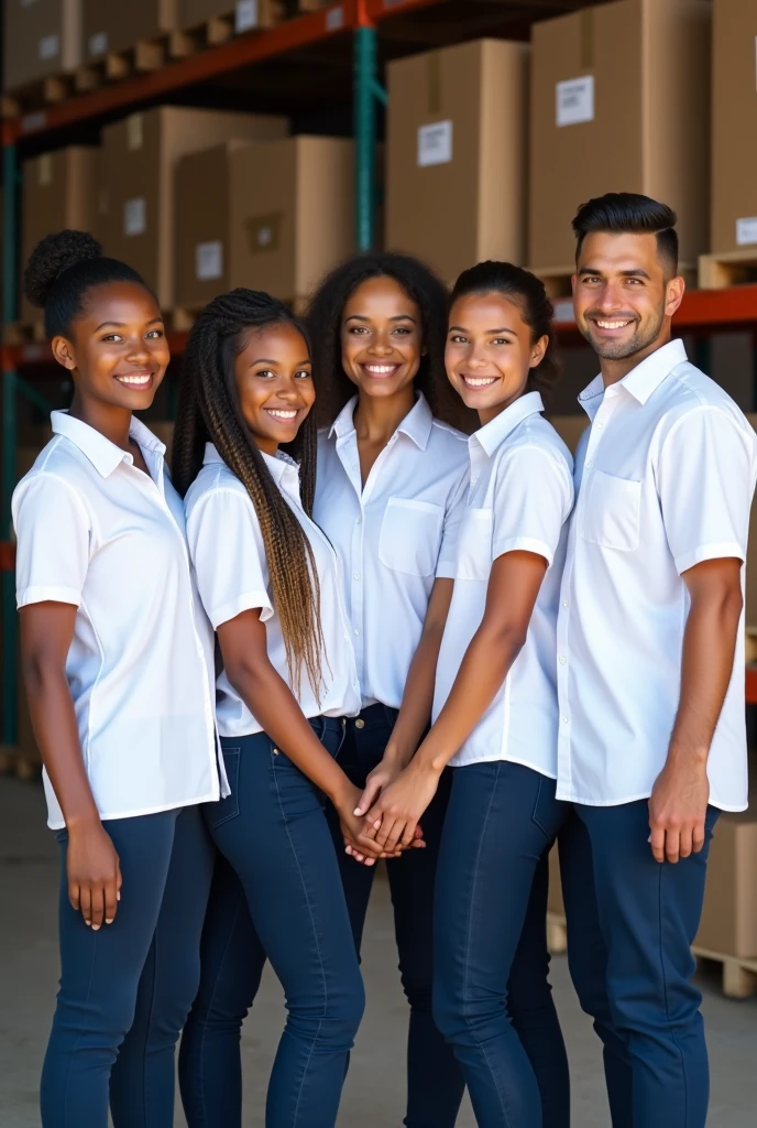 -A slightly fat girl, like a Filipino. -A brown skin girl, fairly long braided hair, quite sexy -A thin Vietnamese girl. -A boy with brown skin, short hair, tall and smiling. - A light-skinned, short-haired, fairly fat Mexican boy These 5 people are dressed in white shirts and navy blue pants. They are in a warehouse where there are boxes and AKE (ULD), Happy multi-ethnic team people holding hands standing in row
