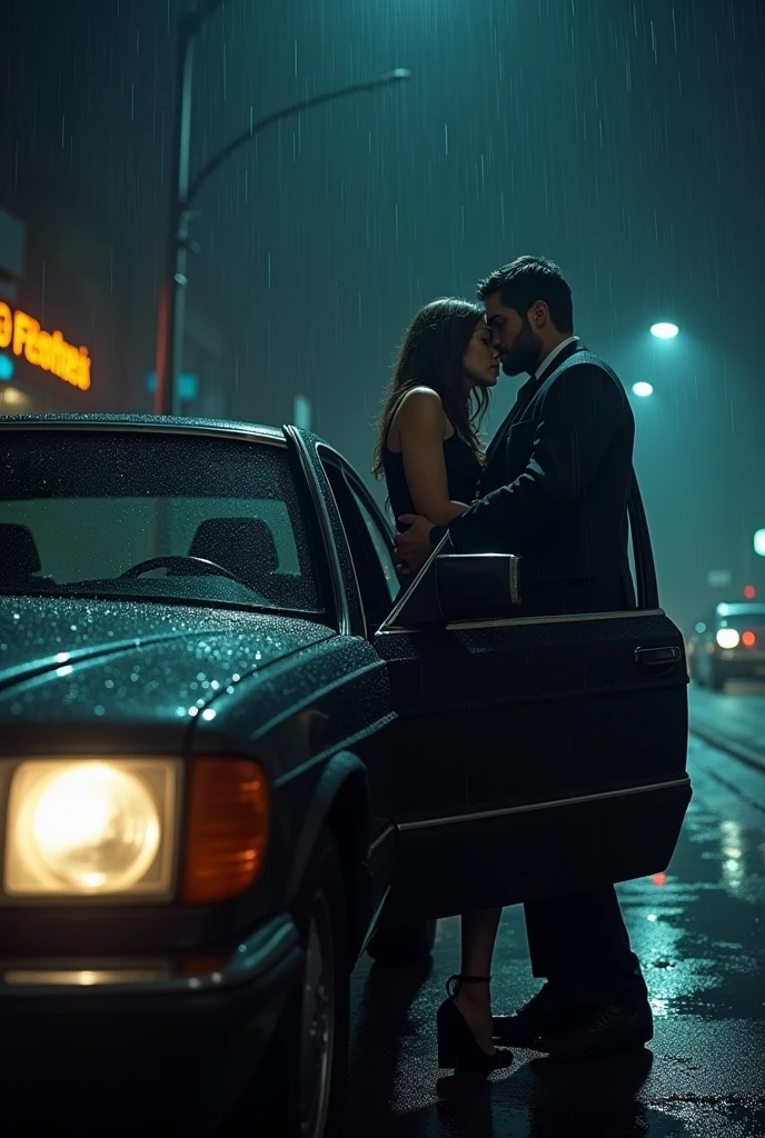 (photorealism:1.2),  at 12 am ( night )  in heavy rain out side. In front or rain centre.from the black Mercedes 
a handsome men  forcefully  pull a sexy innocent girl in  the car  and  he put his 
hands on her mouth tightly 
