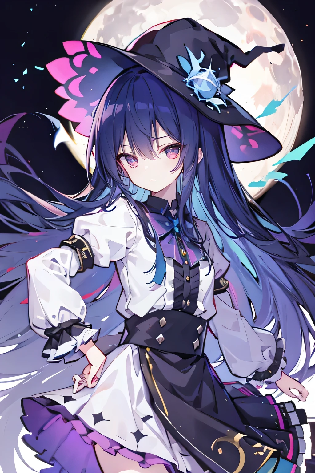 oung Girls,Humanity,A magician always smiles,big witch hat,cute,dark blue long hair,The eyes are dull,The bangs are heavy,Thin eyebrows,fantasy,intake,Double teeth,Star Theme,Constellation pattern,Solid color clothetal decoration,cloak,A bit of a dark atmosphere,A little crazy smile,When the big moon shines outside at night,blood,Hair black star embellishment,Short tie,No nails,High waist skirt,Bell sleeves,Long-sleeved shirt,Black tie,low risk,gentlemen。Mist、Yellow and white effect，Shocking pink as an accent color