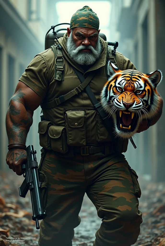 (a dark-skinned fat muscular bearded old man in camouflage diver suit) carrying a gun in right hand, (carrying realistic roaring tiger mask in left hand), (wearing army camouflage bandana), dynamic action pose, fierce expression, showcasing an imposing stature, surrounded by military elements, dramatic shadows and intense highlights, cinematic color tones, high detail, powerful, art influenced by Bruce Onobrakpeya and Stanley Artgerm, ultra-detailed, best quality image, action-packed atmosphere. fighting stance