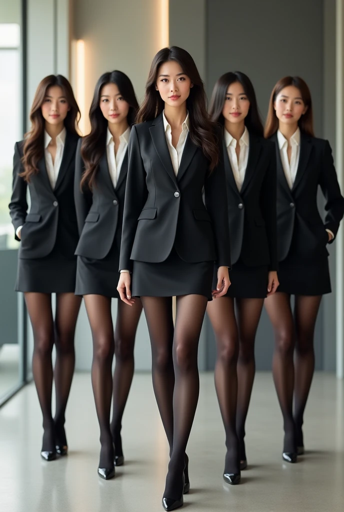 Five beautiful-legged secretaries, two of them in black tights, one Japanese and one Korean, all in recruitment suits, short tight skirts, real, I like them all