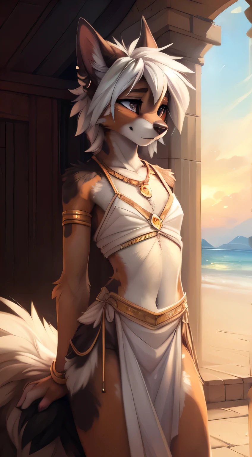 by kenket, Ross Tran, ruan jia, zaush, foxovh, by Zackary911, by hyattlen, by teranen, by fumiko, by Pixelsketcher, by Bayard Wu, by Thomas Benjamin Kennington, by Einshelm, by Kilinah, by Coffeesoda, by Hioshiru, by fluff-kevlar, bye r-mk, by Dimwitdog, Furry, Anthro, ((Australian Shepard)), (()), short white hair, feather jewelry, Full Body, innocent expression,  ancient greece beach, cinematic lighting, ((fluffy tail)), ear piercing, (ancient greek clothing, revealing, crossdressing)