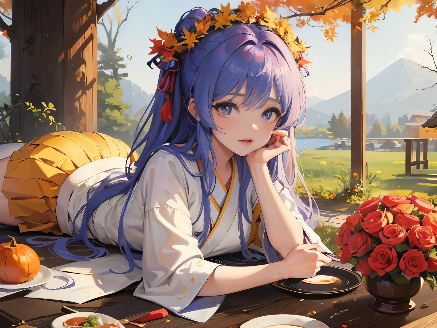 Lying down 가을의 여신, beautiful, Character style, Wearing the clothes of a goddess. There is an autumn-like decoration on the head..Emma ordered, Osa Extram, Merwan Shabane, Colman Moser, surrealism, occult, fantastic, fancy, Japanese animation, Knocking on the flames, Miniskirt Beauty, Perfect volume body, 자세한 masterpiece 매우 사실적인 날카로운 초점 귀여운 요염한 수줍은 창피한 붉어짐 확대 score_9, score_8_down, score_ animated cartoon, High-resolution images,masterpiece,best quality,girl,Cute face,clean skin,shiny hair,very detailed eyes,simple background, George plate, Autumn Maple Forest, goddess of beauty, busty,Lying down, face close, greek roman mythology, Goddess Demeter, I can see the forest.