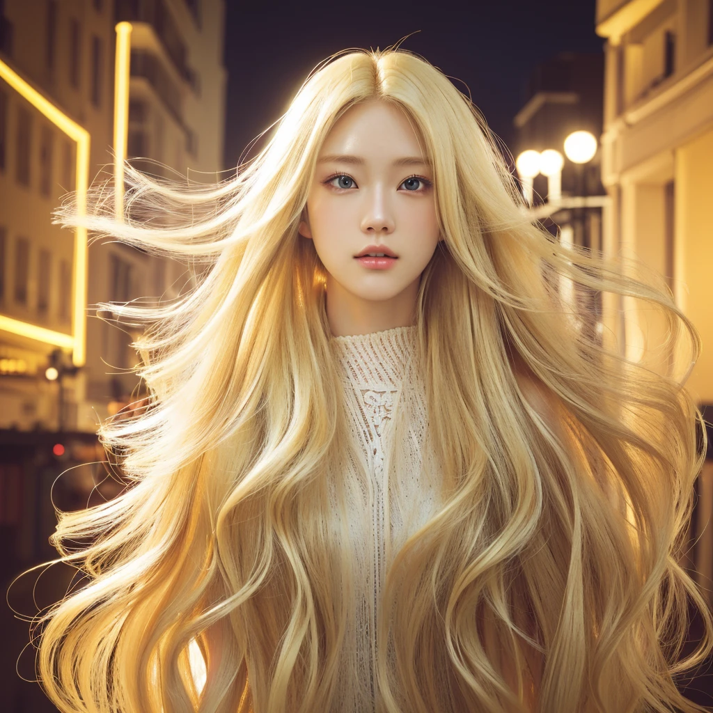 blond hair, sad, anime girl with long blonde hair, (nonsense, height, very detailed), 1 woman, beautiful girl, broad shoulders, blonde hair, very detailed 8k, intricate details, searching, alone, focused, floating in the air, photography style, city, ultra high res, idol, actress