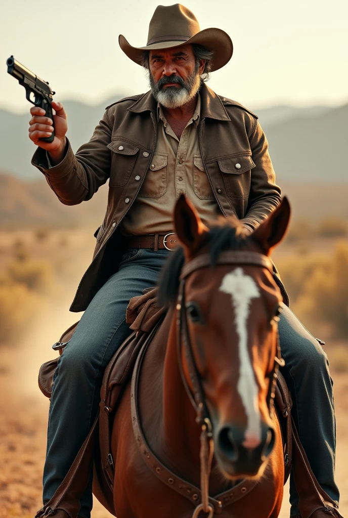 thalapathy vijay in cowboy look. His age should be 45. Vijay is riding a horse with a pistol in his hand