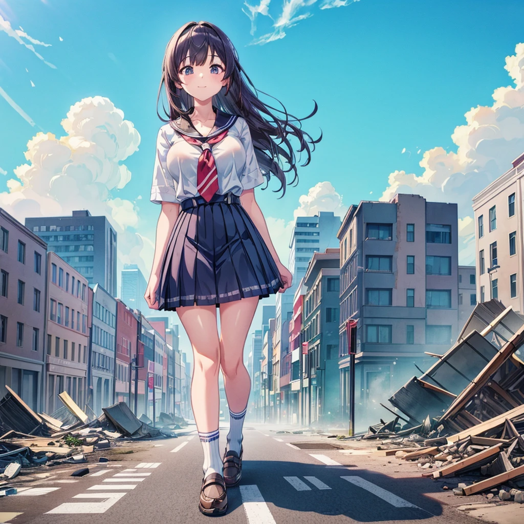 ((A gigantic high school girl taller than a skyscraper)) ((A gigantic girl walking in the valley of a destroyed city)) ((One girl)) Solo
Sailor uniform, navy skirt, tie, white socks, watch, black hair, smile, woman, giant, girl, whole body, cleavage, earrings, long hair, whole body, shoes
(cloudy sky) ((grayish sky)) ((battlefield)), crowd
Masterpiece anime style delicate painting 4k 90s cute pictures, beauty, analog style, unreal engine