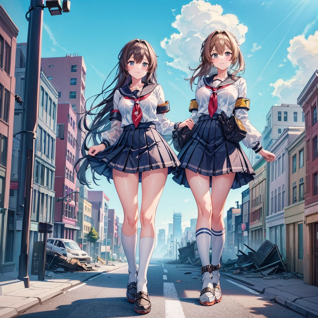 ((A gigantic high school girl taller than a skyscraper)) ((A gigantic girl walking in the valley of a destroyed city)) ((One girl)) Solo
Sailor uniform, navy skirt, tie, white socks, watch, black hair, smile, woman, giant, girl, whole body, cleavage, earrings, long hair, whole body, shoes
(cloudy sky) ((grayish sky)) ((battlefield)), crowd
Masterpiece anime style delicate painting 4k 90s cute pictures, beauty, analog style, unreal engine