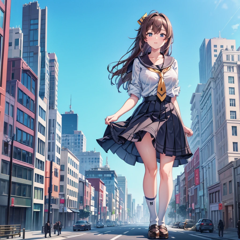 ((A gigantic high school girl taller than a skyscraper)) ((A gigantic girl walking in the valley of a destroyed city)) ((One girl)) Solo
Sailor uniform, navy skirt, tie, white socks, watch, black hair, smile, woman, giant, girl, whole body, cleavage, earrings, long hair, whole body, shoes
(cloudy sky) ((grayish sky)) ((battlefield)), crowd
Masterpiece anime style delicate painting 4k 90s cute pictures, beauty, analog style, unreal engine