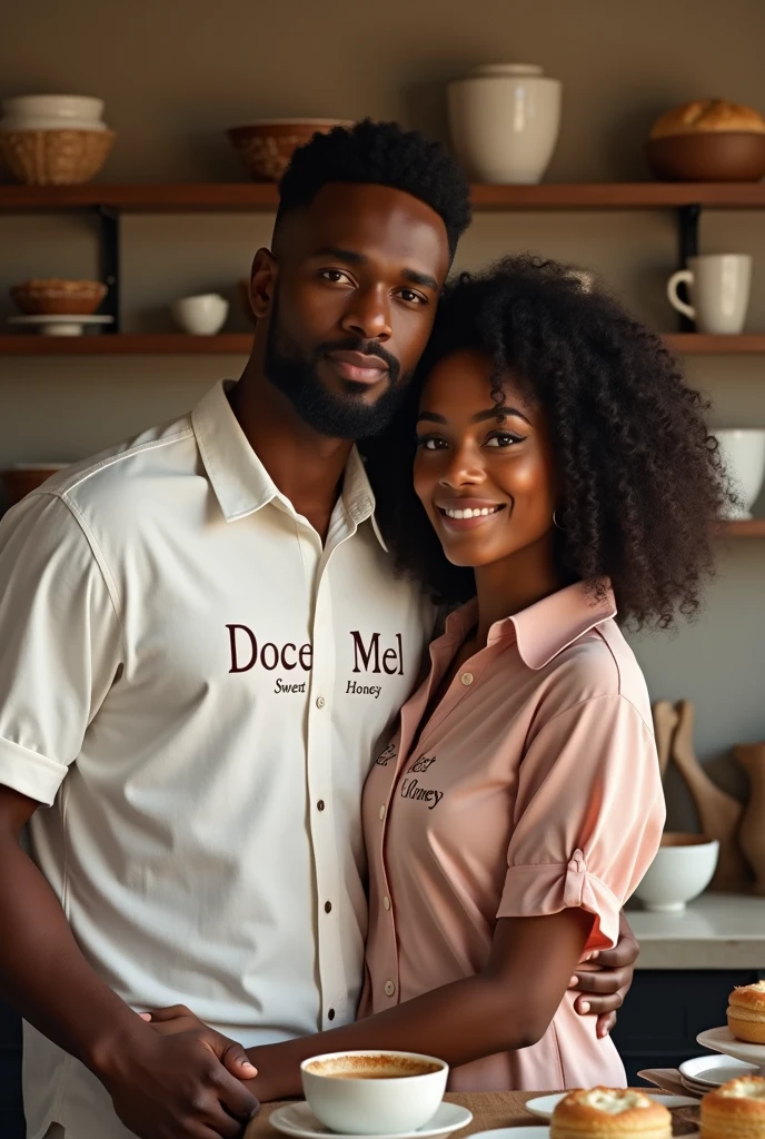 A black skinned woman with curly hair Black black , com o marido pele negra moreno camisa dele branca com o nome doce mel 

camisa rosa com o nome na blusa doce mel  cenário da cozinha confeitaria 🧁 confeitaria 