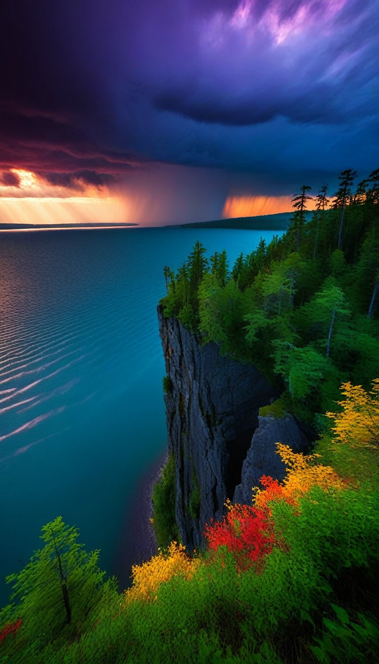 Stormy day,dark black cloud, windy,scenic landscape, cliff, lake, forest, sunrise, beautiful sky, few clouds,vibrant colors,dramatic lighting,highly detailed,serene,tranquil,picturesque,stunning,breathtaking