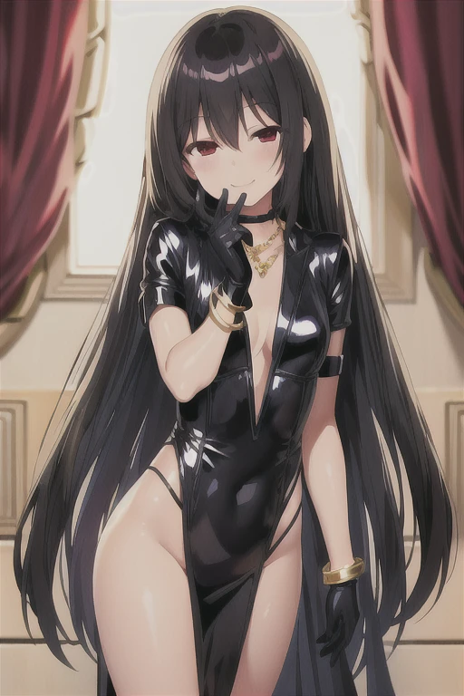 Long straight black hair cute anime front From the waist up Tight black suit White shirt Drooping eyes smile Mole under the mouth Bracelet Shoulder Bare Lace black gloves necklace