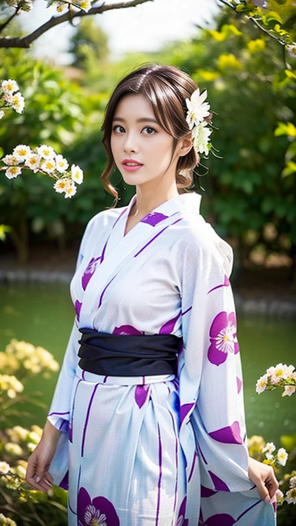 38 years old, a Beautiful Japanese woman, masterpiece, best quality, High resolution,(flower pattern yukata:1.25),(plum lips),