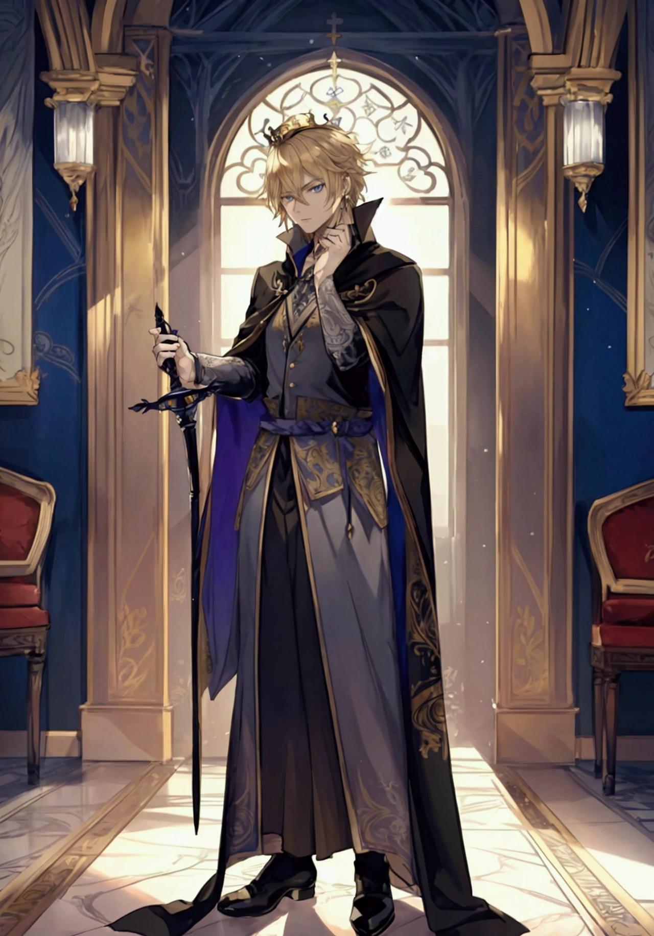 (Masterpiece), ((Highest Quality)),(Official Art),Dark epic:1.2),(1 solo male anime man: 1.3), A mature, serious king with straight yellow-blonde hair, blue eyes, intricate white and gold royal robe and cape, holy cross and religious patterns, wearing a royal crown, ornate sword, standing in a palace balcony, 19 years old. Detailed drawing. Detailed eyes. Masculine jaws. Soft fairytale picture book, Arthur Rackham. Colorful, best detailed ((super detailed)), (highly detailed 2D anime man illustration), ((epic and beautiful))