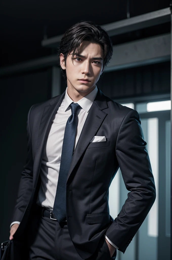 realistic male character, dark, dynamic, suit, businessman male character