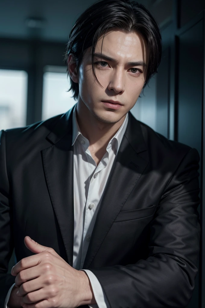 realistic male character, dark, dynamic, suit, businessman male character