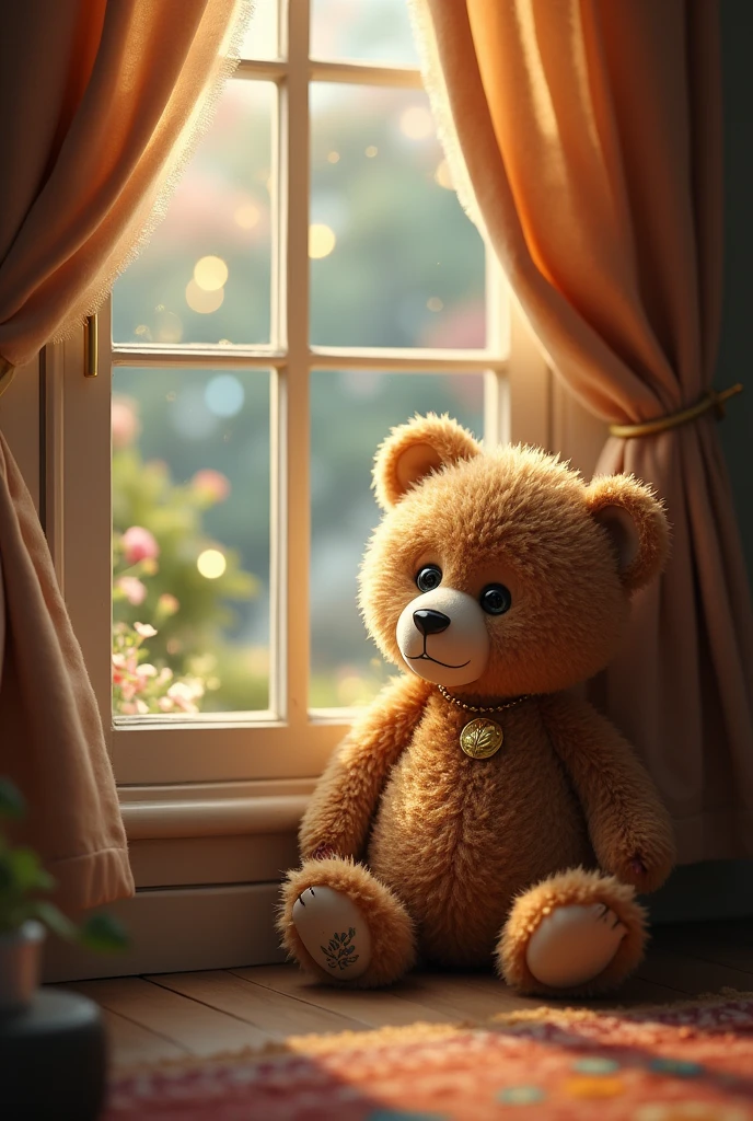 In the corner of the house, there was a teddy bear with medium-sized round eyes. The teddy bear had a gold button on its neck that had a leaf-shaped bump in the middle.、A fantastical landscape sparkling with light peeking through the window curtains