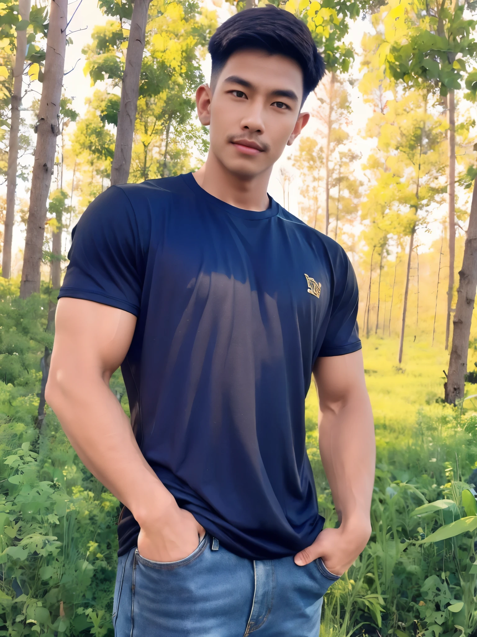 armface , Handsome young man standing, teeth showing, (have a mustache:1) ,(buzz cut:1.1), (short hair:1.2), The forearms are muscular., (Tight T-shirt:1.5),(blue and black shirt:1.5),Jeans, Big muscles, Handsome and muscular, full body angle, (Countryside house, rice fields, eucalyptus trees :1.1), natural light