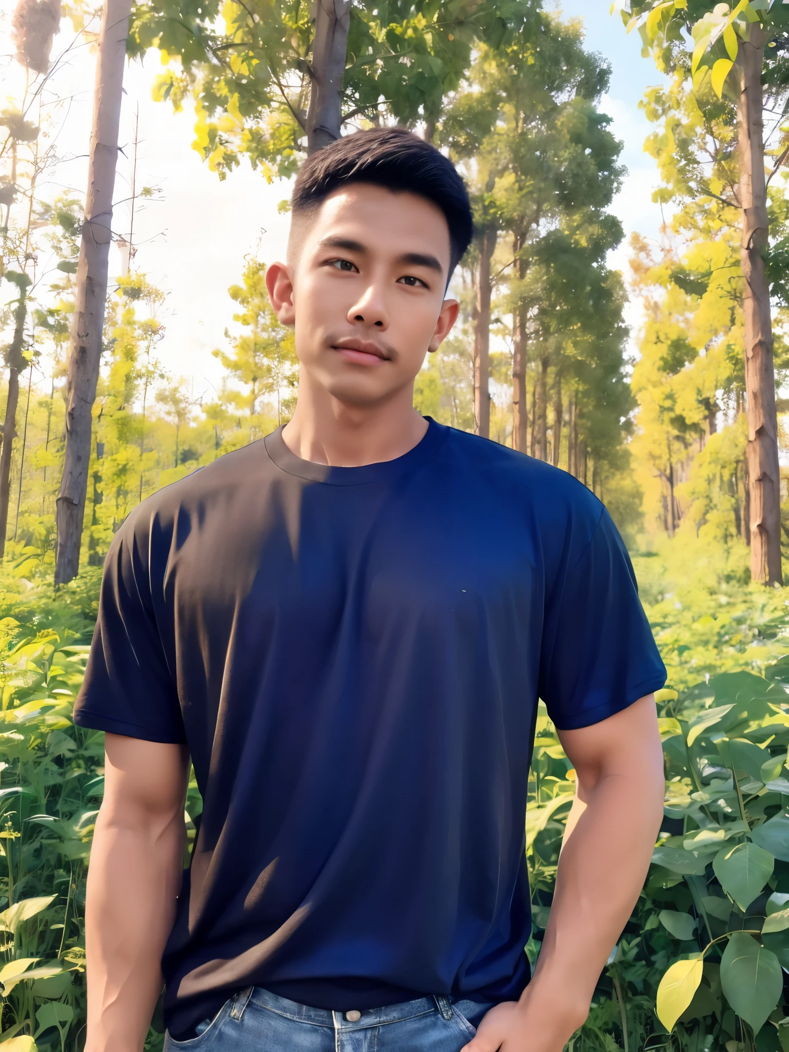 armface , Handsome young man standing, teeth showing, (have a mustache:1) ,(buzz cut:1.1), (short hair:1.2), The forearms are muscular., (Tight T-shirt:1.5),(blue and black shirt:1.5),Jeans, Big muscles, Handsome and muscular, full body angle, (Countryside house, rice fields, eucalyptus trees :1.1), natural light  