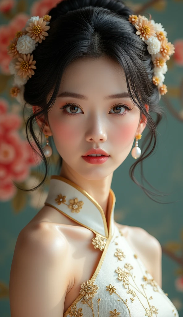 a woman in a white and gold cheongsam, elegant full body, makeup, multicolored hair, black hair, look at viewer, Oval face, fine face, Fine eyes, Blue eyes, Detail eyes, Double eyelids, (Pearl earrings:1.2), Highly Detailed Skin Texture, Golden ratio, gorgeous Chinese model, beautiful oriental woman, beautiful goddess, beautiful Asian girl, royal elegant pose, gorgeous lady, classy, (Flower background:1.4), (Colorful:1.1) highest details, HDR, the appearance of the hourglass, portrait