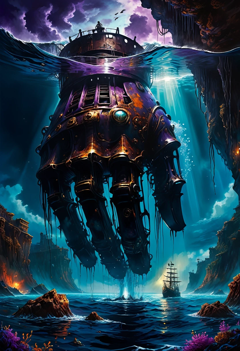 Midjourney, MJ, Midjourney style, poster, manga, anime, A mesmerizing, high-resolution oil painting on canvas that captures a hauntingly beautiful scene. A massive, rusted iron colossus hand, submerged in dark, deep water, stands as a colossal and eerie landmark. Around the hand, a pirate ship is anchored, adding to the mysterious atmosphere. The hand's striking details, with intricate textures and premium effects, draw the viewer in, while the vibrant, cinematic purple and dark blue sky evoke a sense of awesome and unease. The overall visual impact is stunning, as if it's a scene from another world., vibrant, cinematic