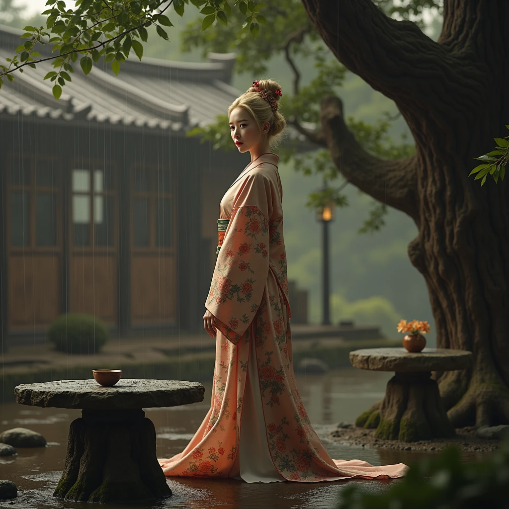 hyperealistic photo A full body shot of A beautiful blonde woman, wearing a japanese Kimono with floral design, looking in camera, A large tree, the wooden house is surrounded by green plants and misty rain in ancient China. The high definition photography style features exquisite details of real scenery, with teacups placed on stone tables under it. A wide perspective showcases an open space with beautiful artistic conception. In front of them was another tea table in the style of Chinese art, creating a magnificent view. photorealistic, ultra-realistic photograph captured, high-resolution quality ,detailed face, 8k