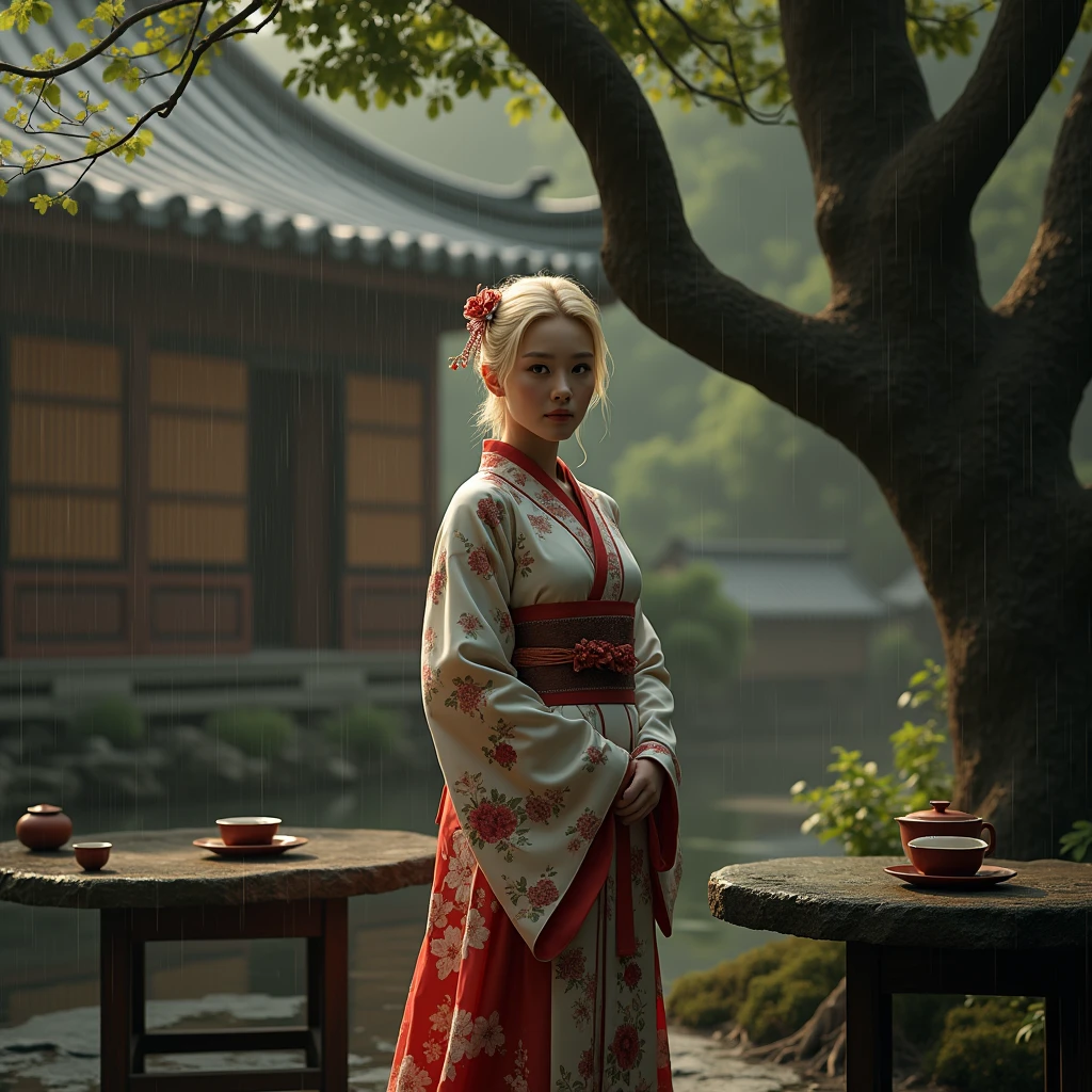 hyperealistic photo A full body shot of A beautiful blonde woman, wearing a japanese Kimono with floral design, looking in camera, A large tree, the wooden house is surrounded by green plants and misty rain in ancient China. The high definition photography style features exquisite details of real scenery, with teacups placed on stone tables under it. A wide perspective showcases an open space with beautiful artistic conception. In front of them was another tea table in the style of Chinese art, creating a magnificent view. photorealistic, ultra-realistic photograph captured, high-resolution quality ,detailed face, 8k
