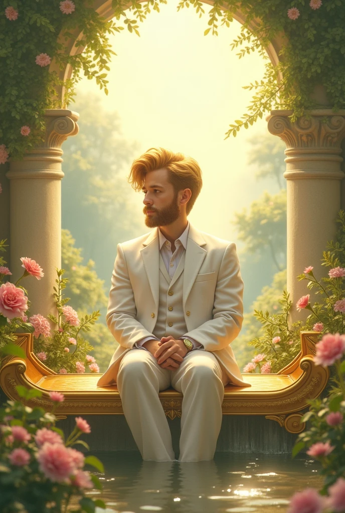 A boy in white suit with golden beard in gold bench in heaven's garden of Eden 