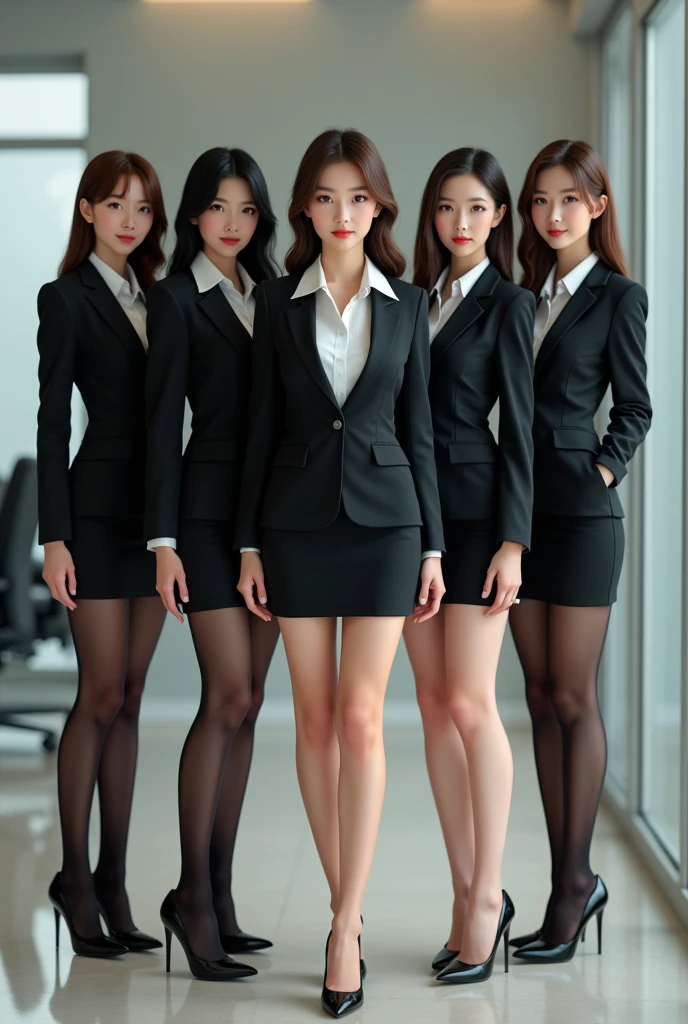 Five beautiful-legged secretaries, two of whom wear black tights, one Japanese and one Korean, all in recruitment suits, short tight skirts, real, all with different faces