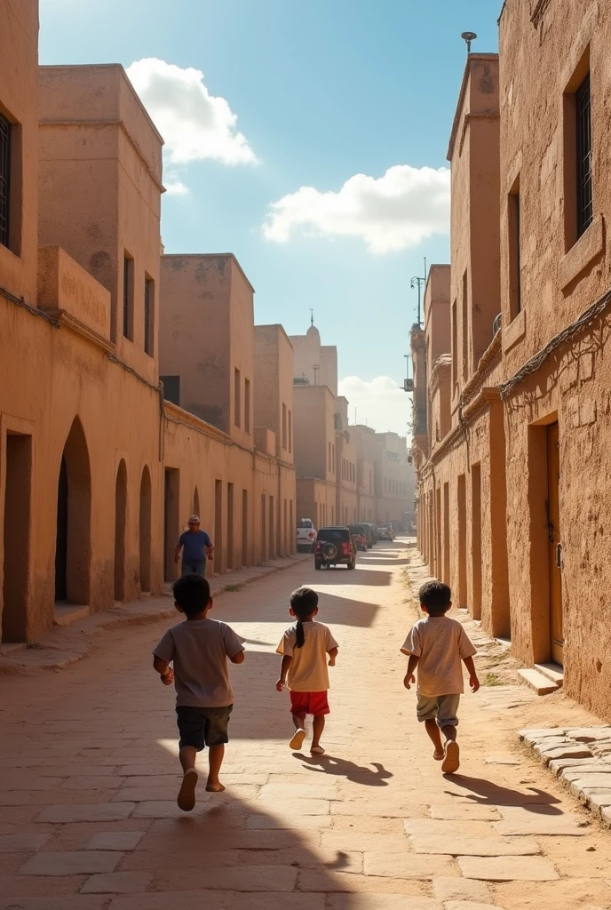 genrate  photos of old arabia with spectacular background of old buildings and kids running thourgh old roads