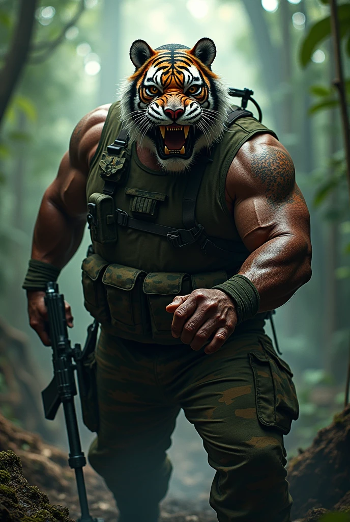 (a dark-skinned fat muscular old man in camouflage diver suit) carrying a gun in right hand, (wearing realistic roaring tiger mask), dynamic action pose, fierce expression, showcasing an imposing stature, surrounded by military elements, dramatic shadows and intense highlights, cinematic color tones, high detail, powerful, art influenced by Bruce Onobrakpeya and Stanley Artgerm, ultra-detailed, best quality image, action-packed atmosphere. fighting stance. jungle background