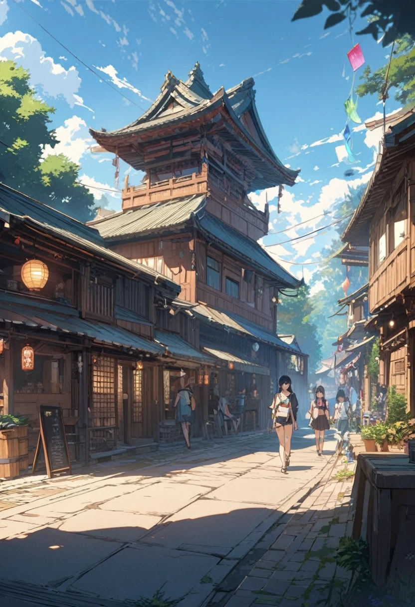 Masterpiece,highest quality,super definition,high definition background,8K,hi-res,high quality,BREAK,Japanese cartoon style,sketch,watercolor. High quality masterpiece, landscape, anime, japanese town, traditional town, bright stars, BREAK romantic old town, null, concept art, roffi art style, reflection. by Makoto Shinkai, roffi art, beautiful anime landscape, BREAK anime landscape, detailed landscape, Makoto Shinkai style, Makoto Shinkai style, enhanced details, BREAK,detailed,realistic,4K high definition digital art, octane rendering,bioluminescence,BREAK 8K resolution,concept art,realism,by Mappa Studios,masterpiece,top quality,official art,illustration,ligne claire ,(cool_Farbe), perfect composition,absurd,fantasy,concentration,rule of thirds,high detail,animation,animation style,shine,film lighting,rays of the gods,shine,reflected light,approaching,lens flare,masterpiece,high detail,top quality,super detailed,high quality,. Animated background, Animated wallpaper, sunny, bright blue, dramatic lighting, wind chime, plants, tree, grass, road, hometown, hometown town, summer vacation, memories, summer memories, homecoming, countryside, country town, children playing, festival