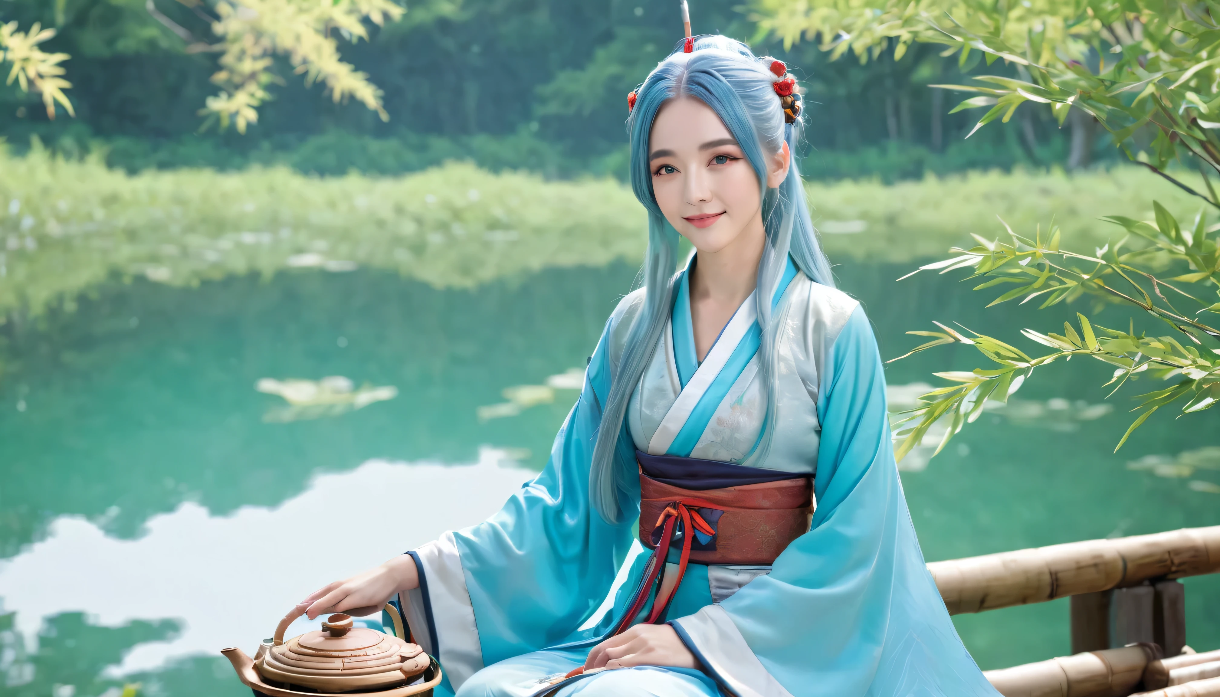 masterpiece, Highest quality, Official Art, 8k wallpaper, Very detailed, figure, 1 girl, Sky blue hair, Long Hair, Detailed eyes, Forrest Gump, Exposing shoulders, Hanfu, lake, Pure, A kind smile, bamboo, tea