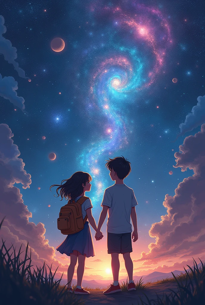 Romantic teen couple girl and boy of space. Both Looking at front. Playing with galaxies