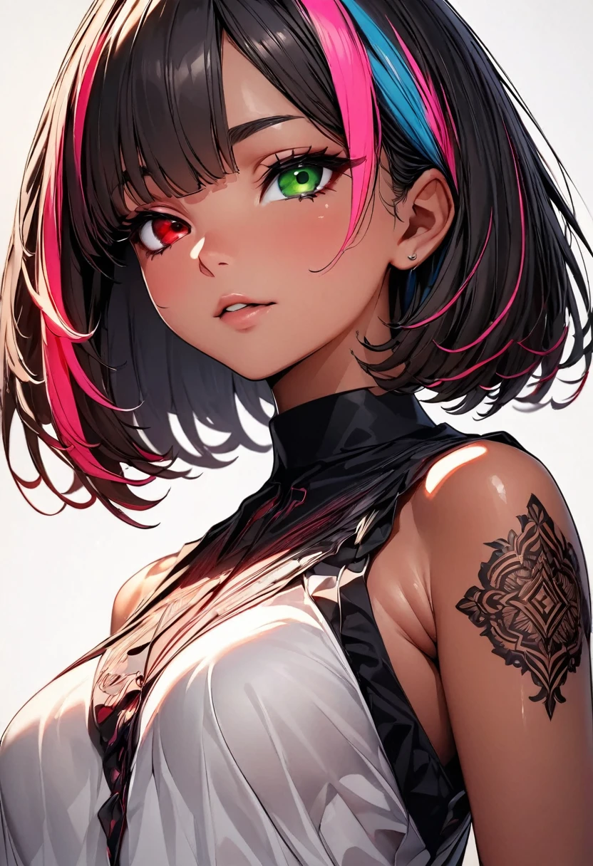 (highest quality:1.2, Very detailed, up to date, Vibrant, Ultra-high resolution, High Contrast, masterpiece:1.2, highest quality, Best aesthetics), Portraiture、girl、solo, (25-years-old:1), slim, heterrochromia:1, green eye, red eye, Bright colors、Beautiful fine details、Beautiful lip detail、extra short hair, ((bob cut:1.5))、pink and purple, ((streaked hair:1.9)), (highlights hair: 1.6), (black no sleeve dress:1), (medium breast:0.7), (tan skin:0.5), standing, (Floral Fineline tattoo design on left arm:1), ((Plain white background:1.6)), lineart, ((two toned:1.7)), (cowboy shot:1), clean line drawings,