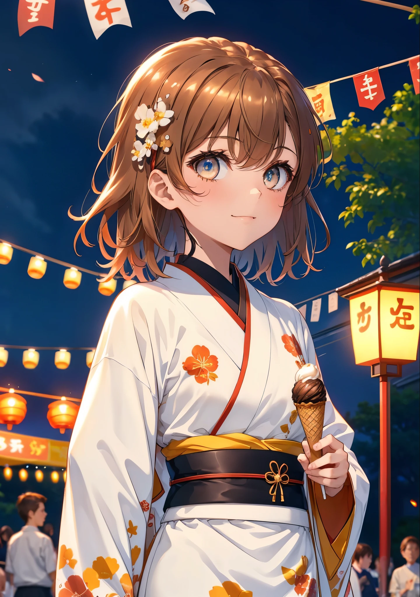 Mycotrose, Brown eyes,Brown Hair,short hair,One side up,Flower Hair Ornaments,smile,White Kimono,Holding ice cream in one hand,日本のfestival,夏festivalの屋台,Red lantern,whole bodyがイラストに入るように,night,
break looking at viewer,whole body,                 　　　　　break outdoors, festival,shrine,                                                             break (masterpiece:1.2), Highest quality, High resolution, unity 8k wallpaper, (shape:0.8), (Beautiful and beautiful eyes:1.6), Highly detailed face, Perfect lighting, Extremely detailed CG, (Perfect hands, Perfect Anatomy),