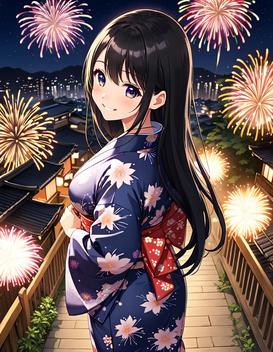 Girl,cute,cute,From above,whole body,smile,Straight Hair,Long Hair,Black Hair,big breast photos,looking at the camera,yukata,walk,firework,night