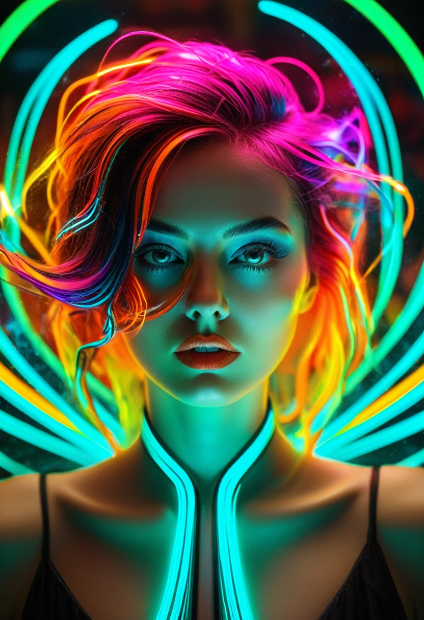 high quality, 8K Ultra HD, Surreal portrait of a stunning woman.
Real exposure, Beautiful woman, Use double exposure style, Neon Art Nouveau, Long-term contact, Italian futurism, Hidden Objects Pictures, Layered lines, Neon Punk, Chiaroscuro, best quality, masterpiece, high resolution, absurd, incredibly absurd, Huge file size, wallpaper, rich and colorful,8K,RAW photos