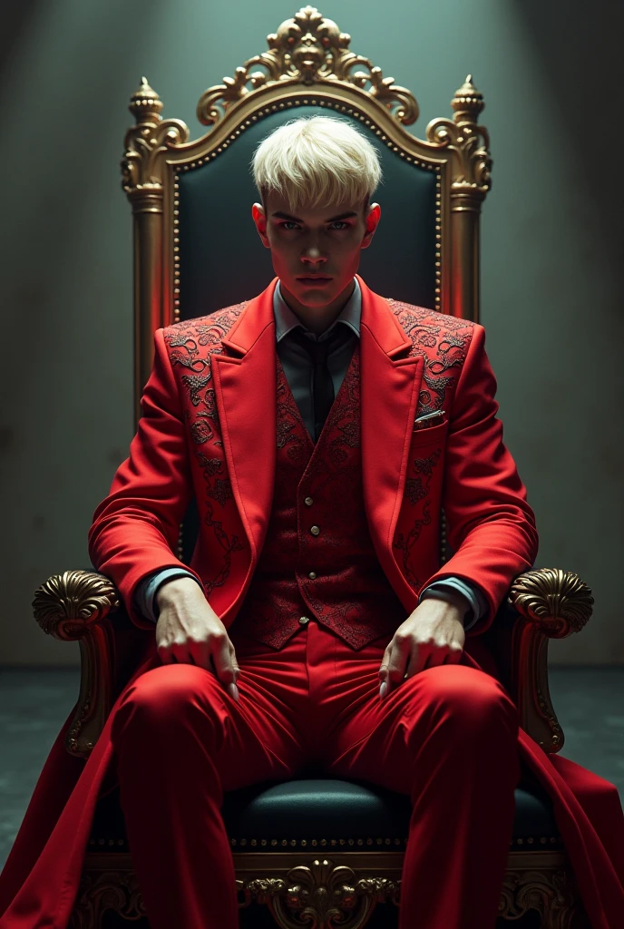 A young man in a beautiful red suit with a beautiful design sits on a throne and has a fixed lighting composition with serious glare and beautiful details. Her hair color is platinum blonde and she has a blank expression.