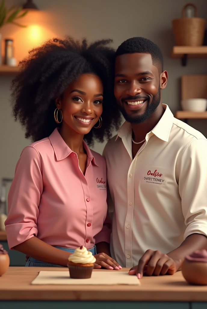 A black skinned woman with curly hair Black black , with her dark skinned husband, 1,65 tall his white shirt with the name sweet honey pink shirt with the name on the blouse sweet honey confectionery kitchen scene 🧁