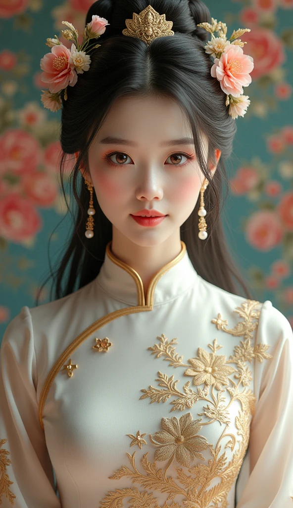 a woman in a white and gold cheongsam, elegant full body, makeup, multicolored hair, black hair, look at viewer, Oval face, fine face, Fine eyes, Blue eyes, Detail eyes, Double eyelids, (Pearl earrings:1.2), Highly Detailed Skin Texture, Golden ratio, gorgeous Chinese model, beautiful oriental woman, beautiful goddess, beautiful Asian girl, royal elegant pose, gorgeous lady, classy, (Flower background:1.4), (Colorful:1.1) highest details, HDR, the appearance of the hourglass, portrait