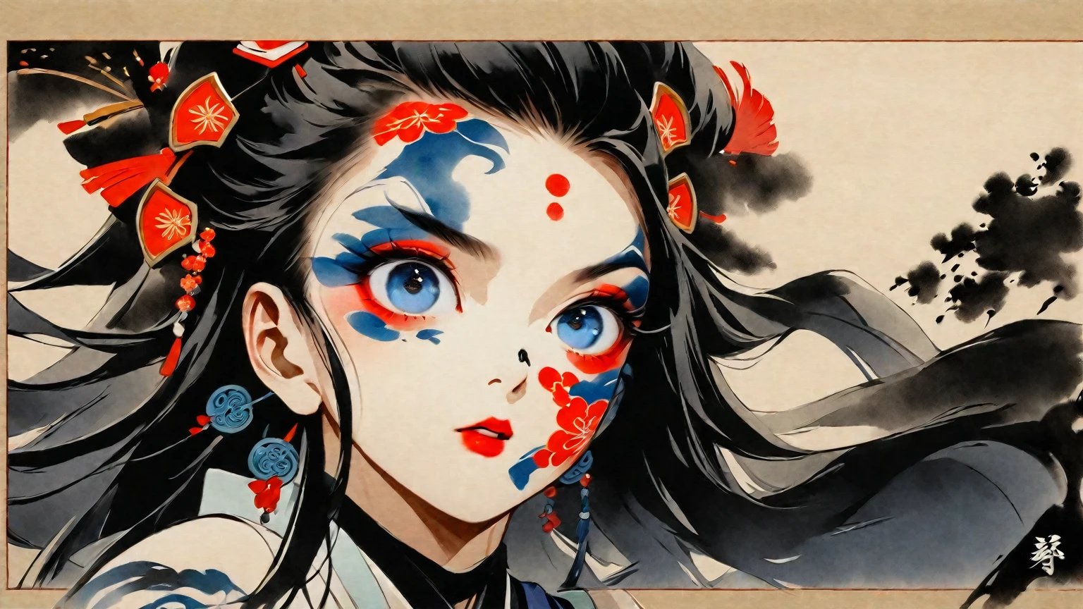 (((Ink painting))), Colorful fashion pictures, (((1 girl))), (((Tattoos on the face))), (((Great hair accessories))), Japanese style headphones, Face up close, Japanese beautiful girl, Black hair, Sensitive and precise, Modern Ukiyo-e style