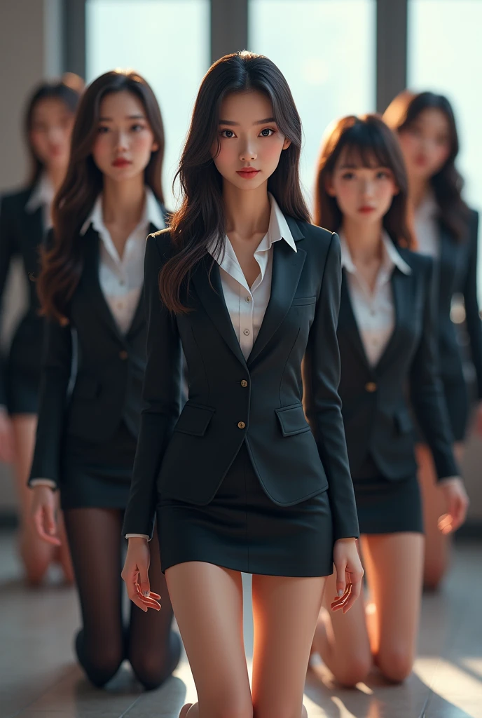 Five beautiful-legged secretaries, two of whom are wearing black tights, one Japanese and one Korean, all wearing recruitment suits, short tight skirts, real, all kneeling with different faces