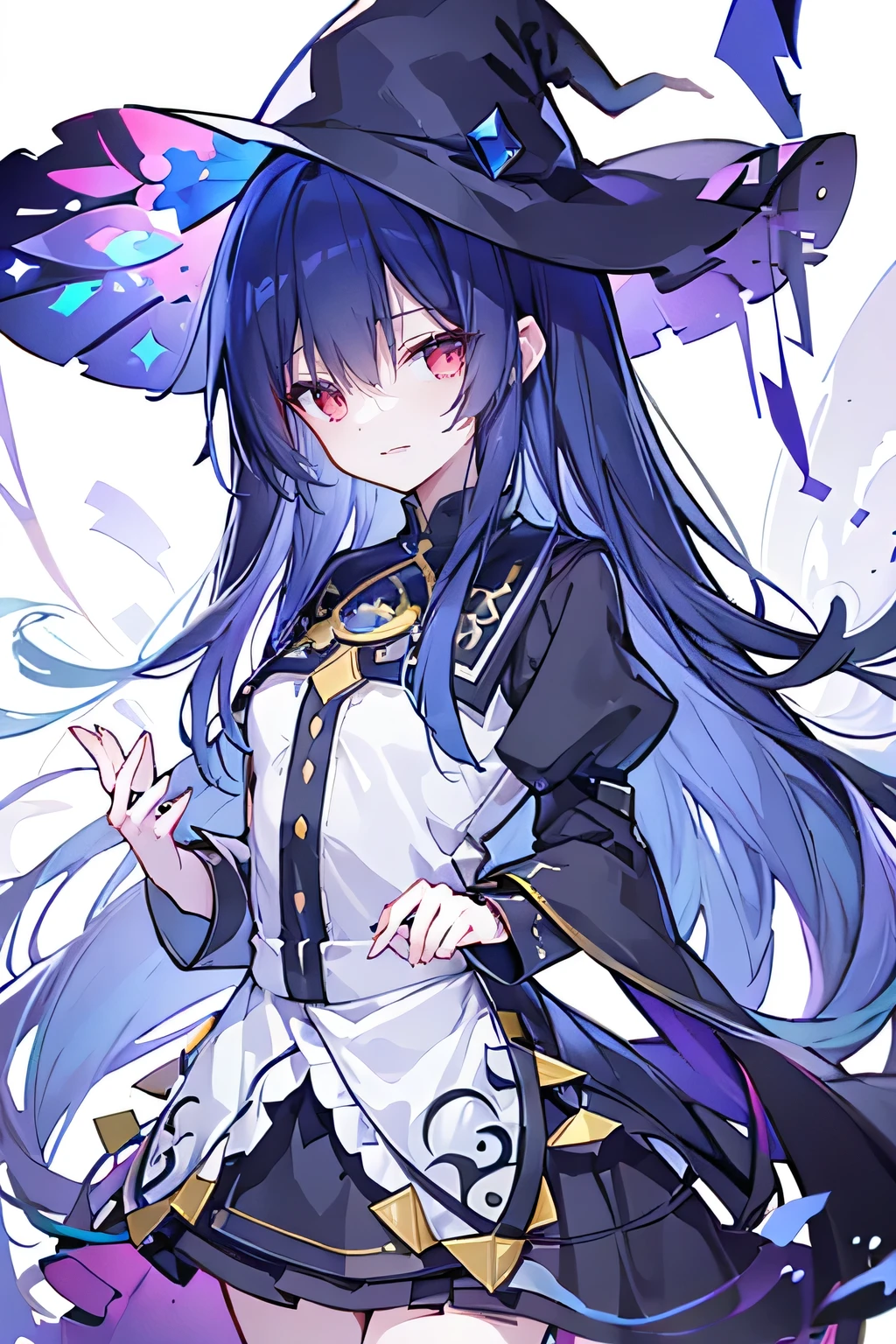 oung Girls,Humanity,A magician always smiles,big witch hat,cute,dark blue long hair,The eyes are dull,The bangs are heavy,Thin eyebrows,fantasy,intake,Double teeth,Star Theme,Constellation pattern,Solid color clothetal decoration,cloak,A bit of a dark atmosphere,A little crazy smile,When the big moon shines outside at night,blood,Hair black star embellishment,Short tie,No nails,High waist skirt,Bell sleeves,Long-sleeved shirt,Black tie,low risk,gentlemen。Mist、Yellow and white effect,Shocking pink as an accent color